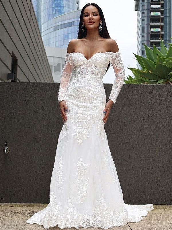 Trumpet/Mermaid Tulle Applique Off-the-Shoulder Long Sleeves Sweep/Brush Train Wedding Dresses