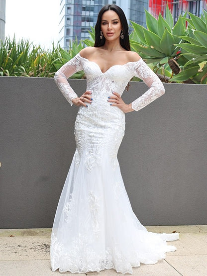 Trumpet/Mermaid Tulle Applique Off-the-Shoulder Long Sleeves Sweep/Brush Train Wedding Dresses