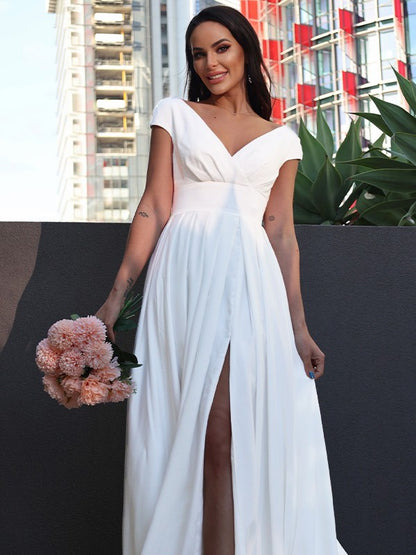 A-Line/Princess Stretch Crepe Ruffles V-neck Short Sleeves Sweep/Brush Train Wedding Dresses