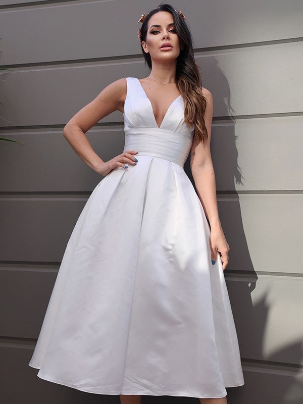 A-Line/Princess Satin Ruched V-neck Sleeveless Tea-Length Wedding Dresses