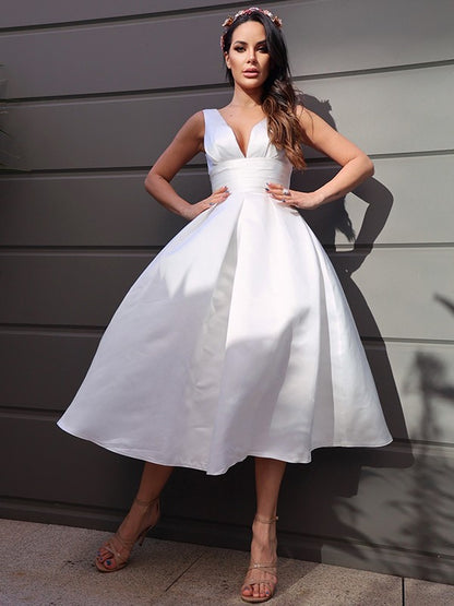 A-Line/Princess Satin Ruched V-neck Sleeveless Tea-Length Wedding Dresses