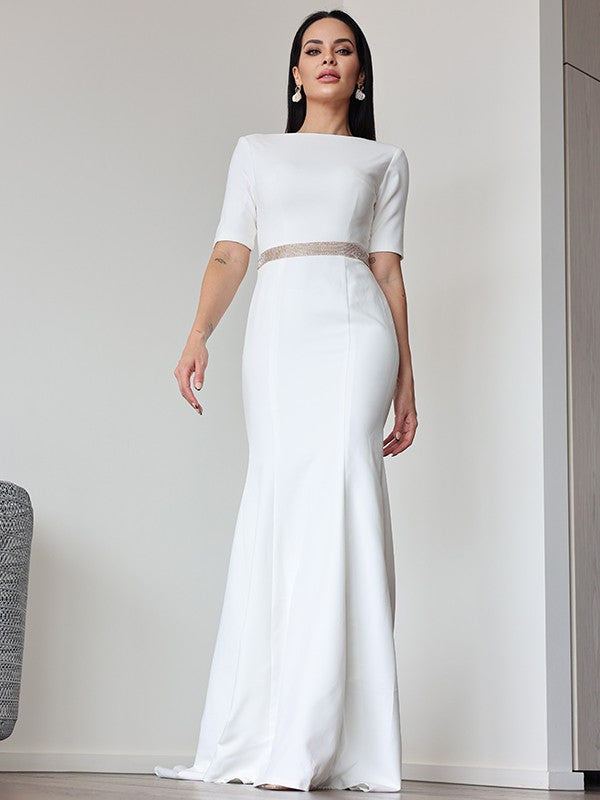 Sheath/Column Stretch Crepe Ruched Scoop 1/2 Sleeves Sweep/Brush Train Wedding Dresses