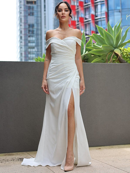 Sheath/Column Stretch Crepe Ruched Off-the-Shoulder Sleeveless Sweep/Brush Train Wedding Dresses