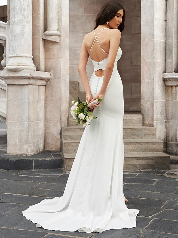 Trumpet/Mermaid Scoop Ruched Stretch Crepe Sleeveless Sweep/Brush Train Wedding Dresses