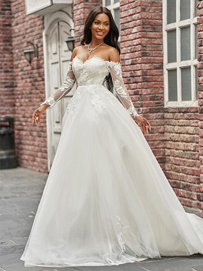 A-Line/Princess Tulle Applique Off-the-Shoulder Long Sleeves Sweep/Brush Train Wedding Dresses