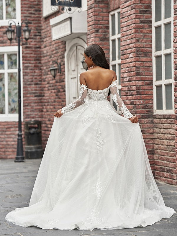 A-Line/Princess Tulle Applique Off-the-Shoulder Long Sleeves Sweep/Brush Train Wedding Dresses