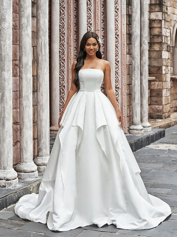 Ball Gown Satin Ruffles Strapless Sleeveless Court Train Wedding Dresses