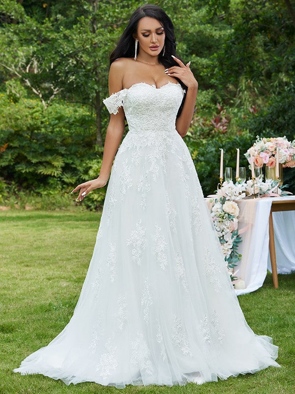 A-Line/Princess Lace Applique Off-the-Shoulder Sleeveless Sweep/Brush Train Wedding Dresses