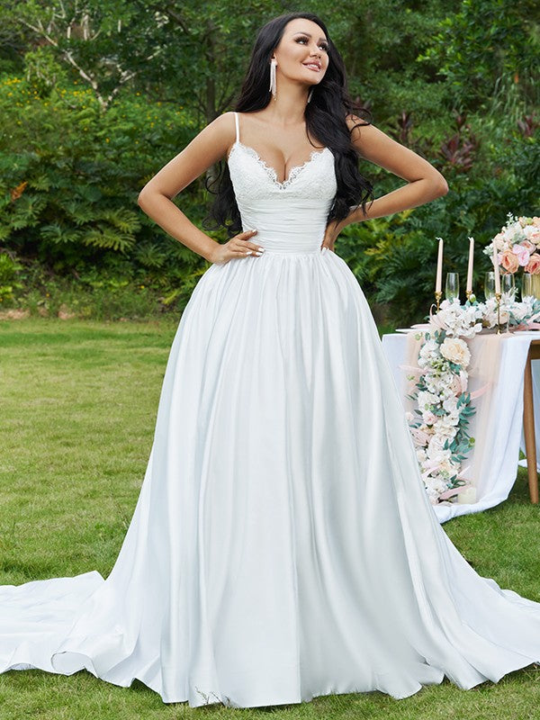 Ball Gown Lace Ruffles V-neck Sleeveless Sweep/Brush Train Wedding Dresses