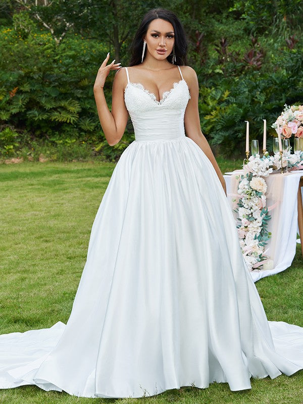 Ball Gown Lace Ruffles V-neck Sleeveless Sweep/Brush Train Wedding Dresses