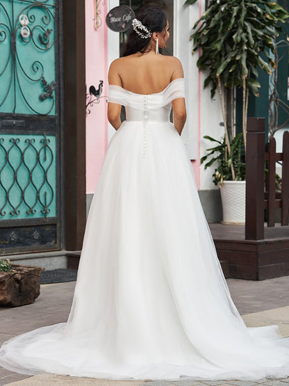 A-Line/Princess Tulle Ruffles Off-the-Shoulder Sleeveless Sweep/Brush Train Wedding Dresses