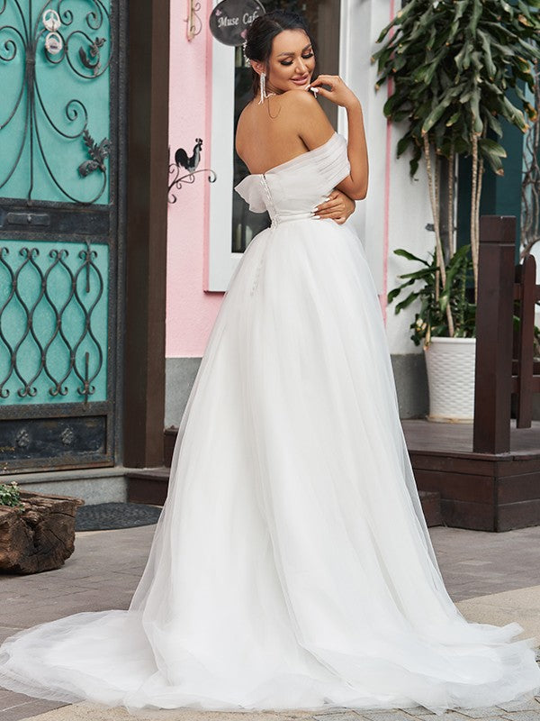 A-Line/Princess Tulle Ruffles Off-the-Shoulder Sleeveless Sweep/Brush Train Wedding Dresses