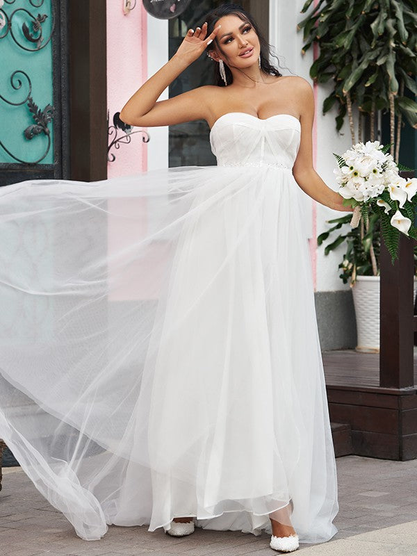 A-Line/Princess Tulle Ruffles Sweetheart Sleeveless Sweep/Brush Train Wedding Dresses