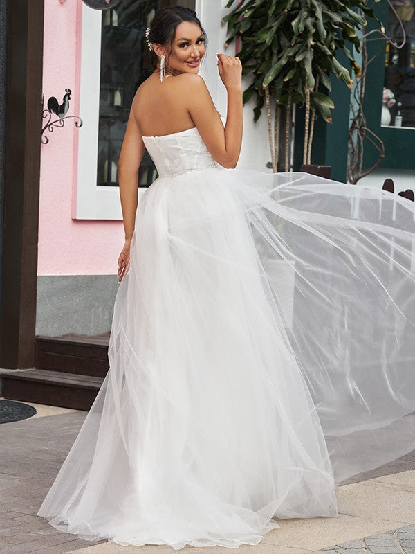 A-Line/Princess Tulle Ruffles Sweetheart Sleeveless Sweep/Brush Train Wedding Dresses