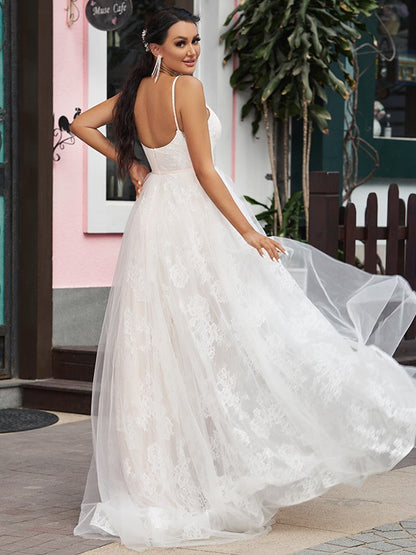 A-Line/Princess Lace Ruffles Spaghetti Straps Sleeveless Sweep/Brush Train Wedding Dresses