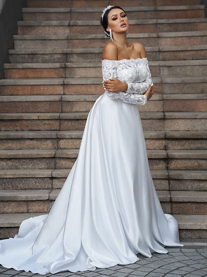 A-Line/Princess Satin Lace Off-the-Shoulder Long Sleeves Sweep/Brush Train Wedding Dresses