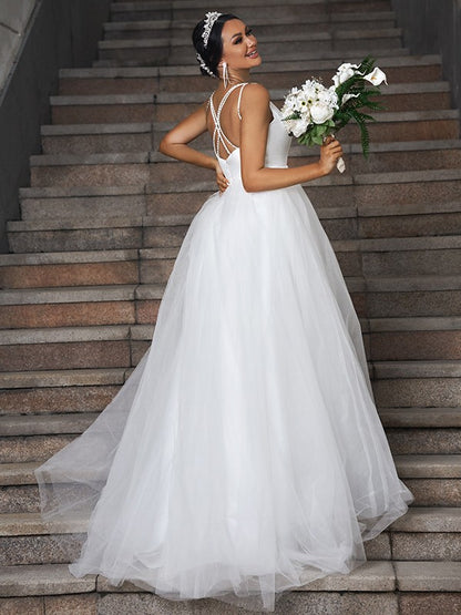 A-Line/Princess Tulle Ruffles V-neck Sleeveless Sweep/Brush Train Wedding Dresses