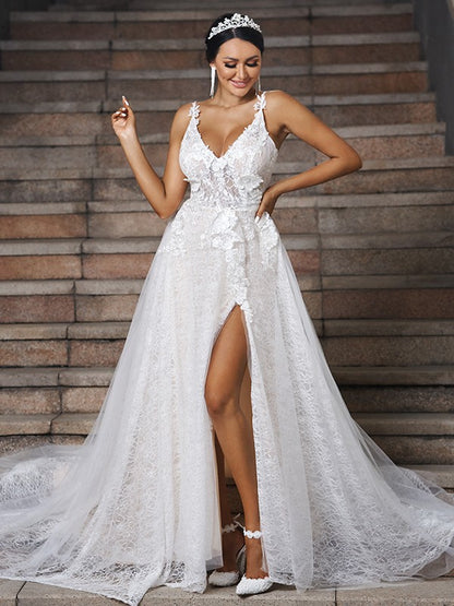 A-Line/Princess Lace Applique V-neck Sleeveless Sweep/Brush Train Wedding Dresses