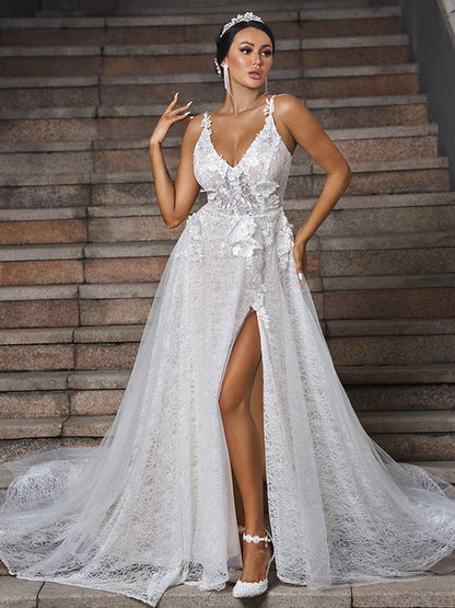 A-Line/Princess Lace Applique V-neck Sleeveless Sweep/Brush Train Wedding Dresses