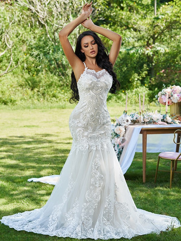 Trumpet/Mermaid Lace Ruffles Spaghetti Straps Sleeveless Sweep/Brush Train Wedding Dresses