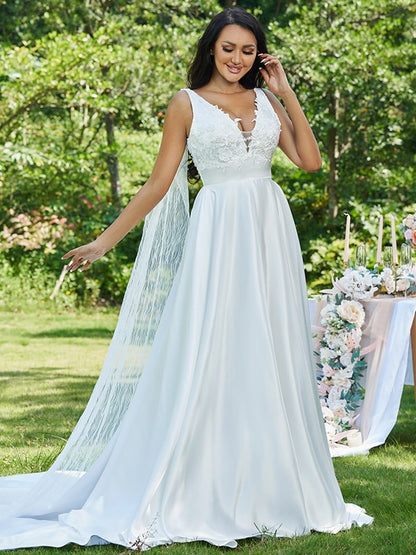 A-Line/Princess Satin Applique V-neck Sleeveless Sweep/Brush Train Wedding Dresses