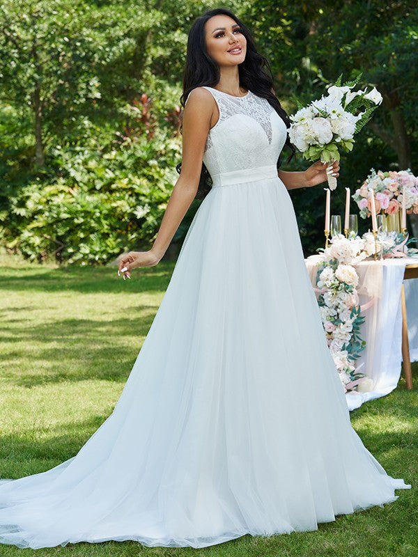 A-Line/Princess Tulle Lace Scoop Sleeveless Sweep/Brush Train Wedding Dresses