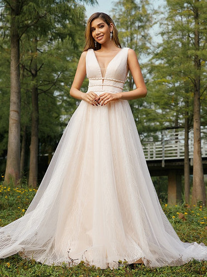 A-Line/Princess Tulle Ruffles V-neck Sleeveless Sweep/Brush Train Wedding Dresses