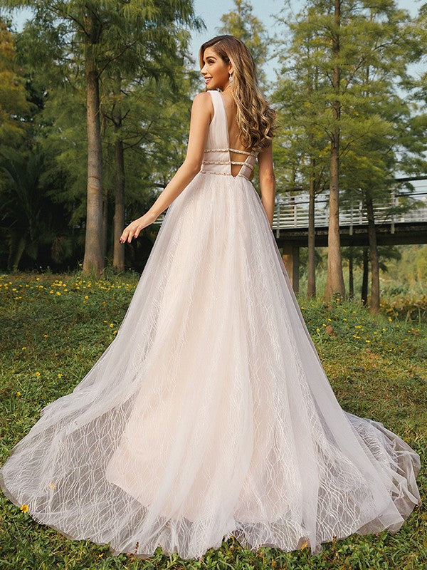 A-Line/Princess Tulle Ruffles V-neck Sleeveless Sweep/Brush Train Wedding Dresses