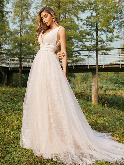 A-Line/Princess Tulle Ruffles V-neck Sleeveless Sweep/Brush Train Wedding Dresses