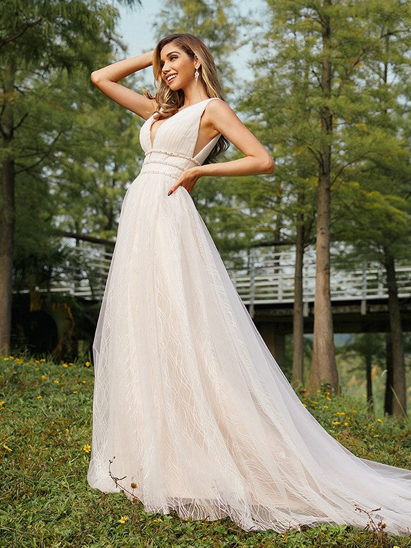 A-Line/Princess Tulle Ruffles V-neck Sleeveless Sweep/Brush Train Wedding Dresses