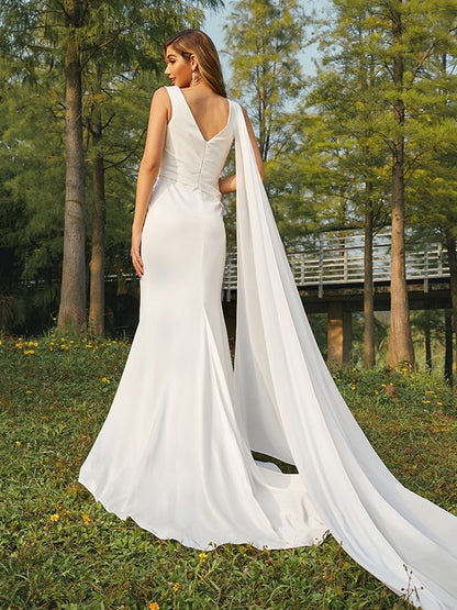 Sheath/Column NS Elastic Woven Satin Ruched Scoop Sleeveless Sweep/Brush Train Wedding Dresses