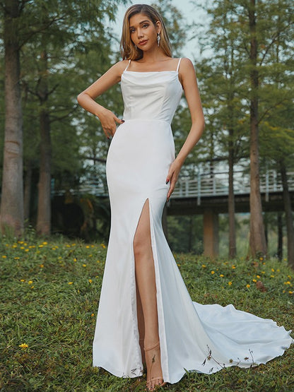 Sheath/Column Ruched Spaghetti Straps Sleeveless Sweep/Brush Train Wedding Dresses