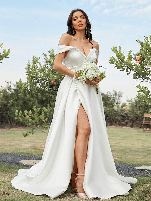 A-Line/Princess Satin Ruched Off-the-Shoulder Sleeveless Sweep/Brush Train Wedding Dresses