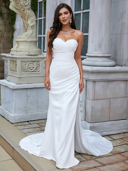 Sheath/Column Stretch Crepe Ruched Sweetheart Sleeveless Sweep/Brush Train Wedding Dresses