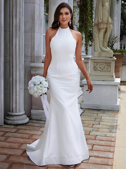 Sheath/Column Stretch Crepe Ruched Halter Sleeveless Sweep/Brush Train Wedding Dresses