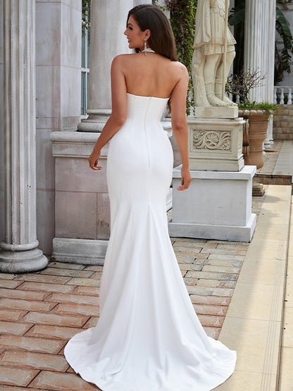 Sheath/Column Stretch Crepe Ruched Halter Sleeveless Sweep/Brush Train Wedding Dresses