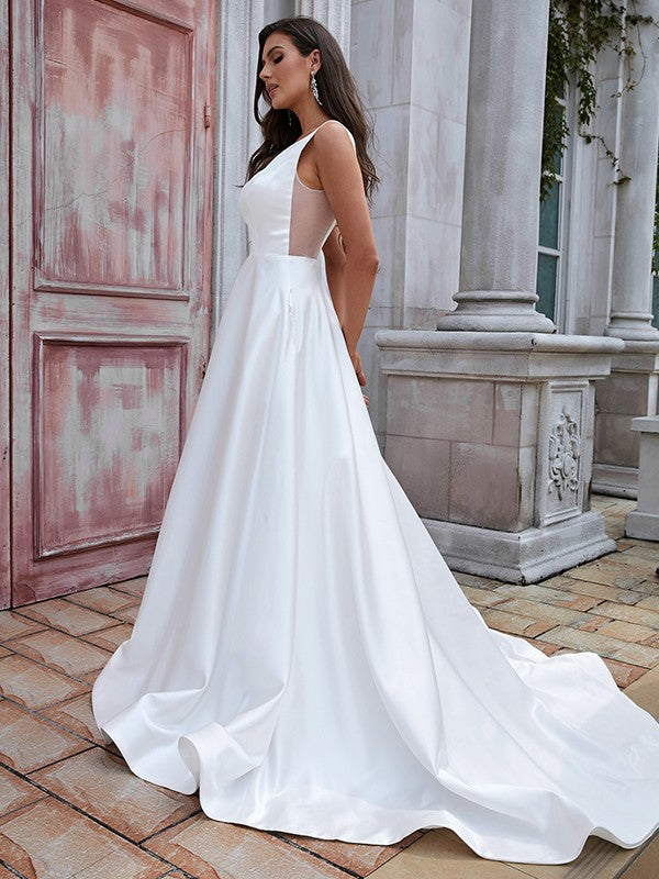 A-Line/Princess Satin Ruffles Scoop Sleeveless Sweep/Brush Train Wedding Dresses