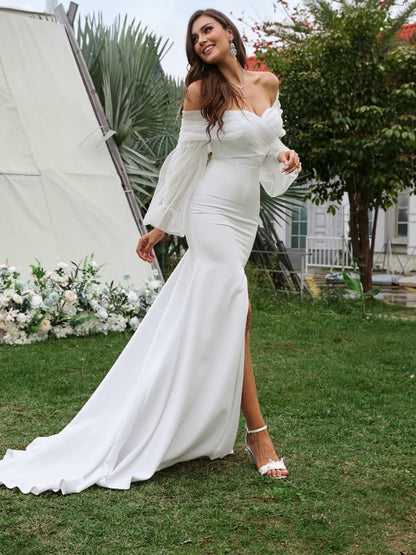 Sheath/Column Stretch Crepe Ruched Off-the-Shoulder Long Sleeves Sweep/Brush Train Wedding Dresses