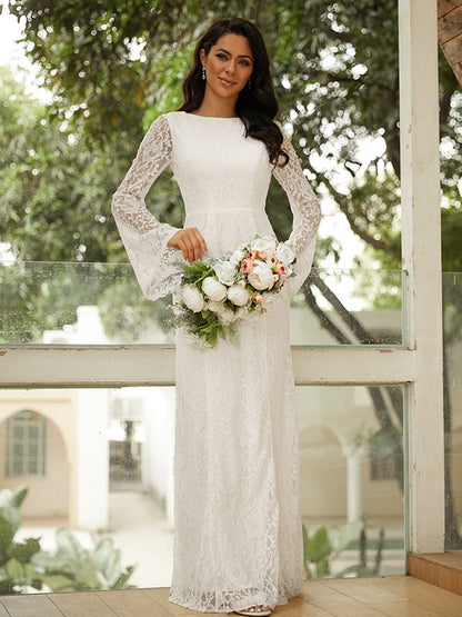 Sheath/Column Lace Scoop Long Sleeves Floor-Length Wedding Dresses