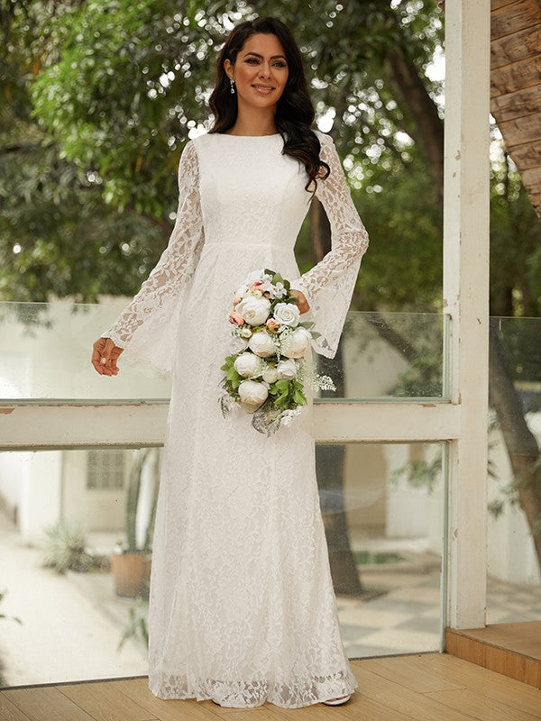 Sheath/Column Lace Scoop Long Sleeves Floor-Length Wedding Dresses