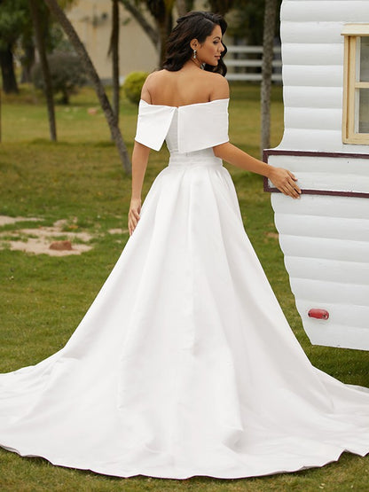 Sheath/Column Satin Ruched Off-the-Shoulder Sleeveless Chapel Train Wedding Dresses