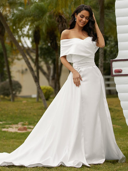 Sheath/Column Satin Ruched Off-the-Shoulder Sleeveless Chapel Train Wedding Dresses