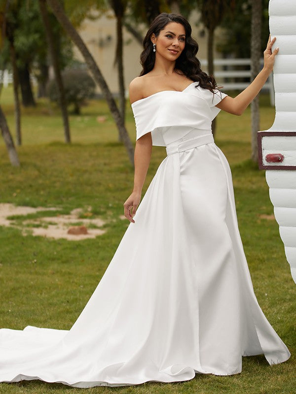 Sheath/Column Satin Ruched Off-the-Shoulder Sleeveless Chapel Train Wedding Dresses