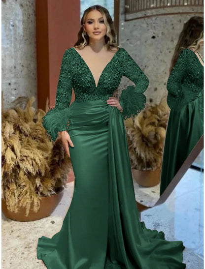 Mermaid Plus Size Dress Champagne Satin Evening Gown Sparkle Sequin Dress Walk Through Formal Wedding Court Train Long Sleeve V Neck with Feather Glitter Ruched