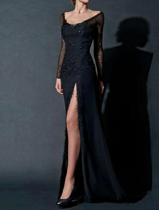 Sheath Party Dress Sexy Engagement Formal Evening Dress Scoop Neck Long Sleeve Floor Length Chiffon with Beading Lace Insert Split Front