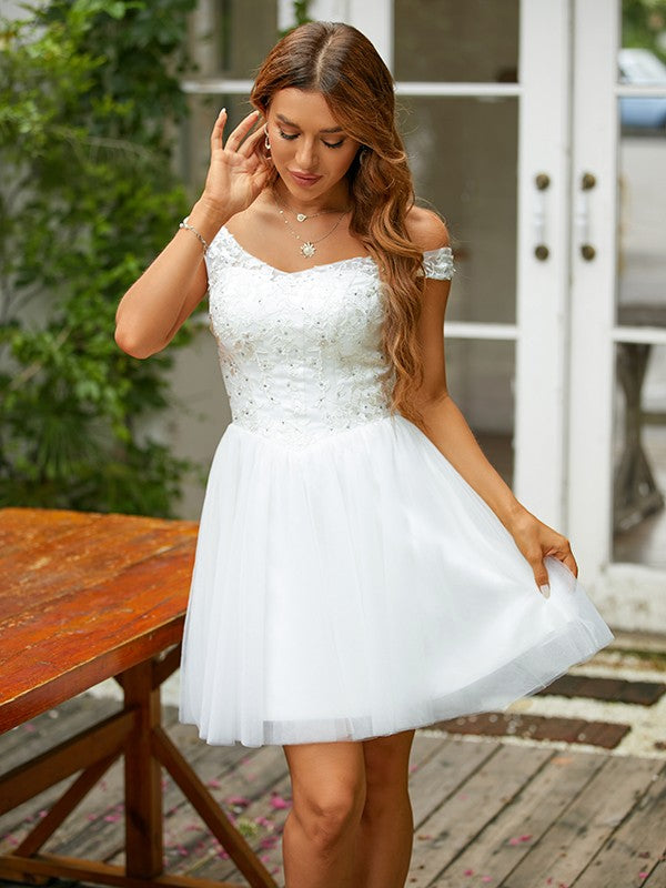 A-Line/Princess Tulle Lace V-neck Sleeveless Short/Mini Dresses