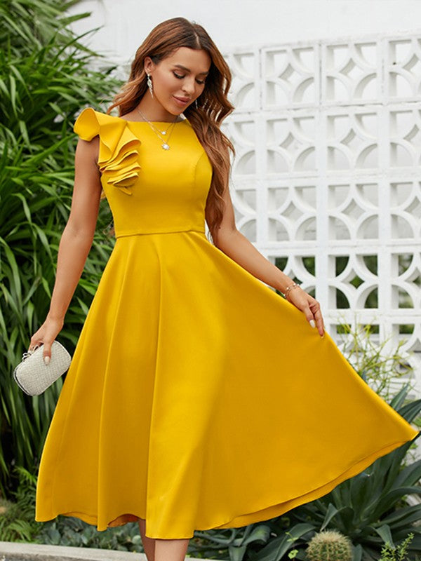 A-Line/Princess Stretch Crepe Ruffles Scoop Sleeveless Tea-Length Dresses