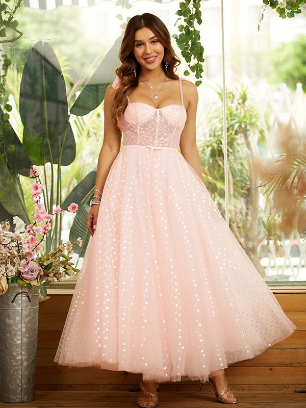 A-Line/Princess Ruffles Spaghetti Straps Sleeveless Ankle-Length Dresses