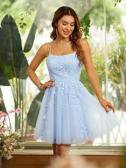 A-Line/Princess Tulle Applique Spaghetti Straps Sleeveless Short/Mini Dresses