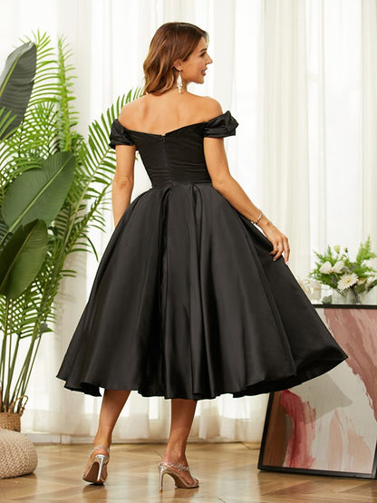 A-Line/Princess Satin Ruched Off-the-Shoulder Sleeveless Tea-Length Dresses